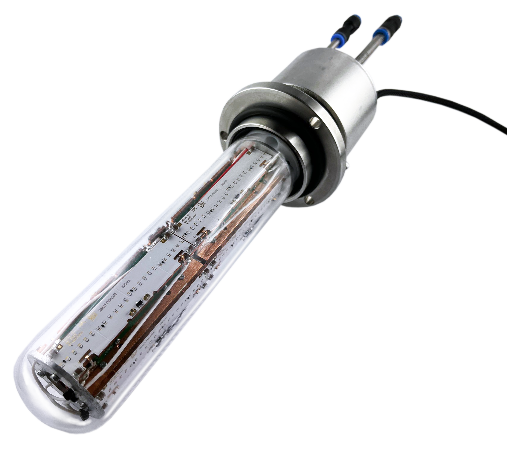 LED tubular immersion lamp with customizable wavelengths and Hoenle LED controller, used in pharmaceutical and chemical laboratories for API synthesis and chemical development.